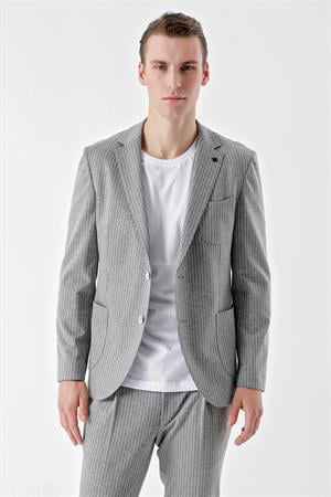 Morven Erkek Gri Poliviskon Trend Çizgili Desen Slim Fit Mono Yaka Takım Elbise
