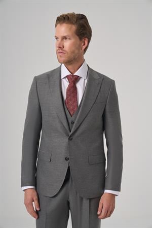 Morven Erkek Gri Poliviskon Trend Çizgili Slim Fit Sivri Yaka Takım Elbise