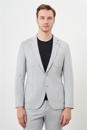 Morven Erkek Gri Poliviskon Trend Çizgili Desen Slim Fit Mono Yaka Takım Elbise