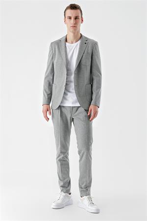 Morven Erkek Gri Poliviskon Trend Çizgili Desen Slim Fit Mono Yaka Takım Elbise