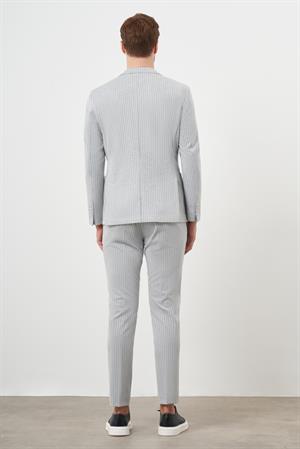 Morven Erkek Gri Poliviskon Trend Çizgili Desen Slim Fit Mono Yaka Takım Elbise