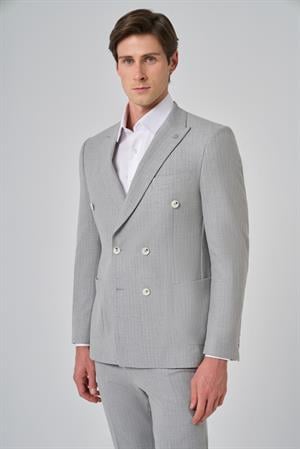 Morven Erkek Gri Poliviskon Trend Çizgili Slim Fit Sivri Yaka Kruvaze Takım Elbise