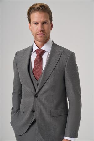 Morven Erkek Gri Poliviskon Trend Çizgili Slim Fit Sivri Yaka Takım Elbise