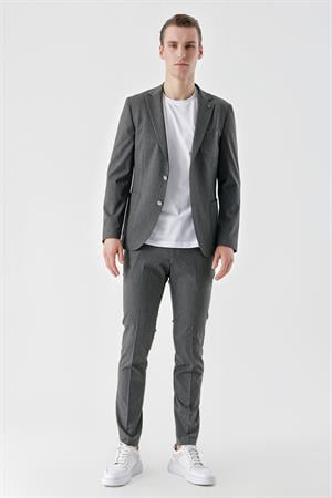 Morven Erkek Gri Poliviskon Trend Çizgili Desen Slim Fit Mono Yaka Takım Elbise