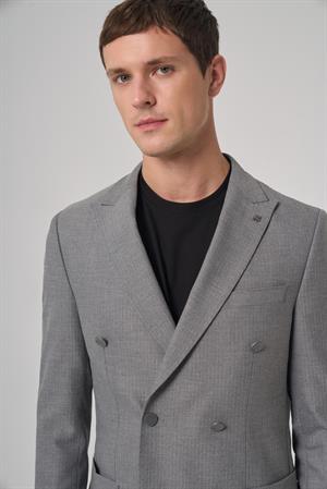 Morven Erkek Gri Poliviskon Trend Desenli Slim Fit Sivri Yaka Takım Elbise