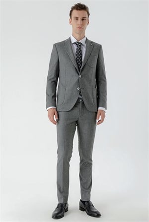 Morven Erkek Gri Poliviskon Trend Desenli Slim Fit Mono Yaka Takım Elbise