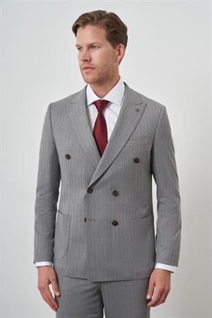 Morven Erkek Gri Poliviskon Trend Kruvaze Çizgili Desen Slim Fit Sivri Yaka Takım Elbise