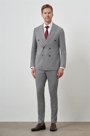 Morven Erkek Gri Poliviskon Trend Kruvaze Çizgili Desen Slim Fit Sivri Yaka Takım Elbise