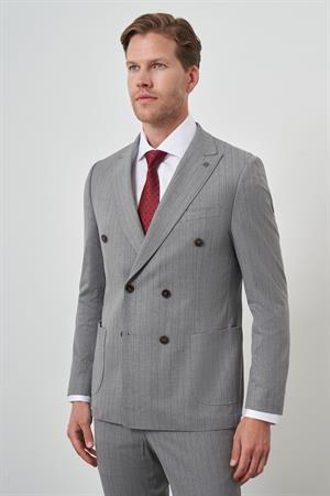 Morven Erkek Gri Poliviskon Trend Kruvaze Çizgili Desen Slim Fit Sivri Yaka Takım Elbise