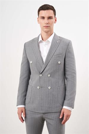 Morven Erkek Gri Poliviskon Trend Kruvaze Slim Fit Sivri Yaka Takım Elbise