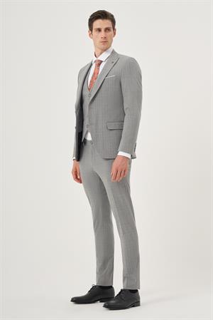 Morven Erkek Gri Poliviskon Trend Yelekli Ekoseli Slim Fit Sivri Yaka Takım Elbise