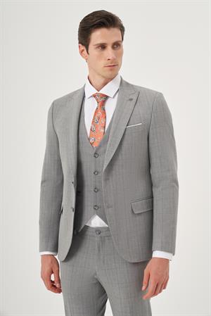 Morven Erkek Gri Poliviskon Trend Yelekli Ekoseli Slim Fit Sivri Yaka Takım Elbise