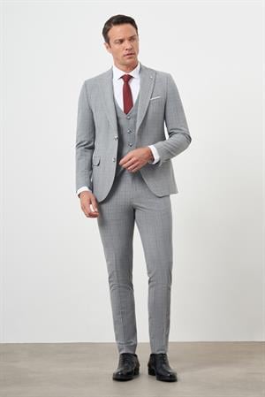 Morven Erkek Gri Poliviskon Trend Yelekli Ekoseli Slim Fit  Sivri Yaka Takım Elbise