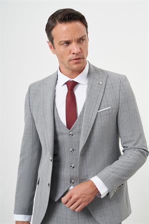 Morven Erkek Gri Poliviskon Trend Yelekli Ekoseli Slim Fit  Sivri Yaka Takım Elbise