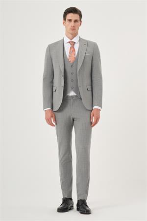Morven Erkek Gri Poliviskon Trend Yelekli Ekoseli Slim Fit Sivri Yaka Takım Elbise