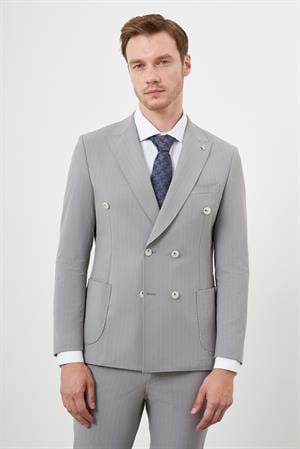 Morven Erkek Gri Polyamide Trend Kruvaze Slim Fit Sivri Yaka Takım Elbise