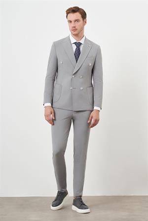 Morven Erkek Gri Polyamide Trend Kruvaze Slim Fit Sivri Yaka Takım Elbise