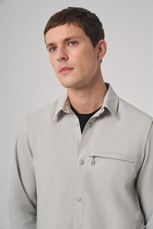 Morven Erkek Gri Polyester Trend Düz Dynamic Fit Berberi Yaka Gömlek Ceket