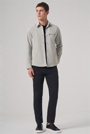 Morven Erkek Gri Polyester Trend Düz Dynamic Fit Berberi Yaka Gömlek Ceket
