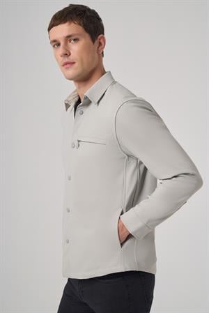 Morven Erkek Gri Polyester Trend Düz Dynamic Fit Berberi Yaka Gömlek Ceket