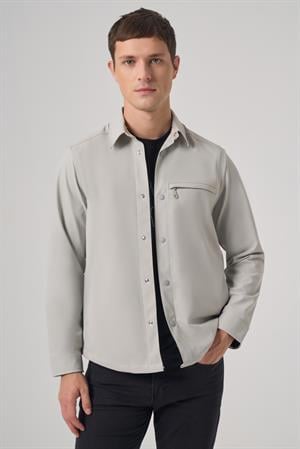 Morven Erkek Gri Polyester Trend Düz Dynamic Fit Berberi Yaka Gömlek Ceket