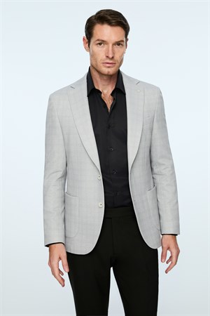 Morven Erkek Gri Polyester Trend Ekoseli Slim Fit Mono Yaka Ceket