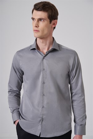 Morven Erkek Gri Polyester Trend Slim Fit Tam İtalyan Yaka Gömlek