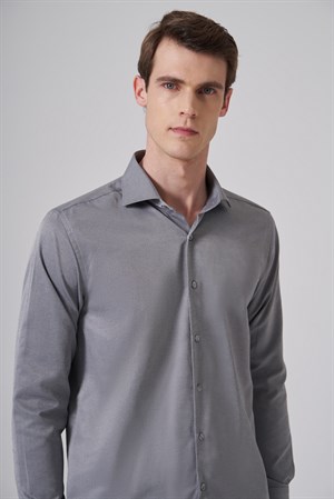 Morven Erkek Gri Polyester Trend Slim Fit Tam İtalyan Yaka Gömlek