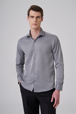 Morven Erkek Gri Polyester Trend Slim Fit Tam İtalyan Yaka Gömlek