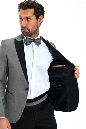 Morven Erkek Gri Portofino Slimfit Jakarlı Smokin