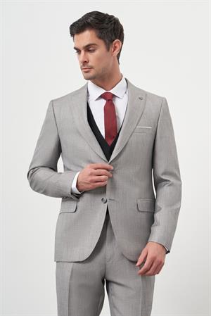 Morven Erkek Gri Trend Yelekli Kombinli Slim Fit Sivri Yaka Takım Elbise