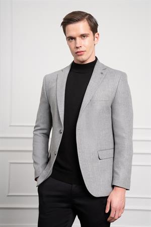 Morven Erkek Gri Yünlü Desenli Dynamic Fit Rahat Kesim Mono Yaka Ceket