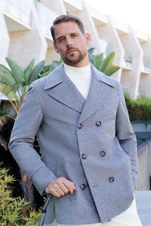 Morven Erkek Gri Yünlü Kruvaze Dynamic Fit Sivri Yaka Kaban