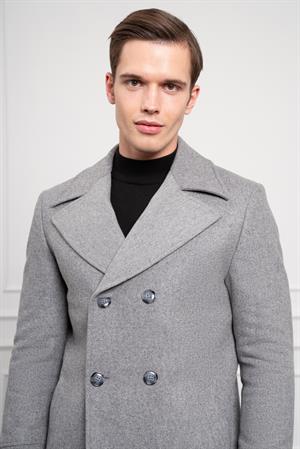 Morven Erkek Gri Yünlü Kruvaze Dynamic Fit Sivri Yaka Kaban