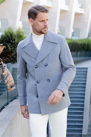 Morven Erkek Gri Yünlü Kruvaze Dynamic Fit Sivri Yaka Kaban