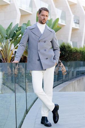 Morven Erkek Gri Yünlü Kruvaze Dynamic Fit Sivri Yaka Kaban