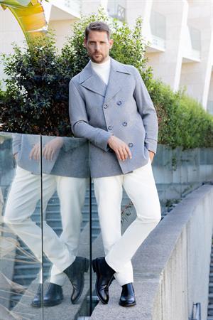 Morven Erkek Gri Yünlü Kruvaze Dynamic Fit Sivri Yaka Kaban