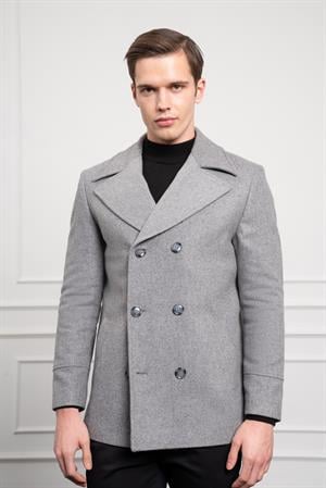 Morven Erkek Gri Yünlü Kruvaze Dynamic Fit Sivri Yaka Kaban