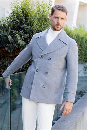 Morven Erkek Gri Yünlü Kruvaze Dynamic Fit Sivri Yaka Kaban