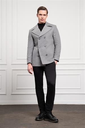 Morven Erkek Gri Yünlü Kruvaze Dynamic Fit Sivri Yaka Kaban