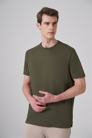 Morven Erkek Haki Basic Bisiklet Yaka Dynamic Fit Pamuk T-Shirt