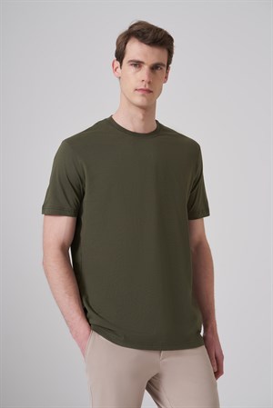 Morven Erkek Haki Basic Bisiklet Yaka Dynamic Fit Pamuk T-Shirt