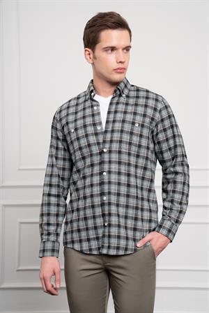 Morven Erkek Haki Kışlık Düğmeli Yaka Regular Fit Gömlek