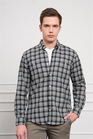 Morven Erkek Haki Kışlık Düğmeli Yaka Regular Fit Gömlek