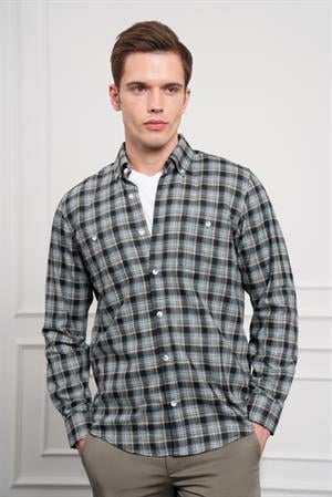 Morven Erkek Haki Kışlık Düğmeli Yaka Regular Fit Gömlek