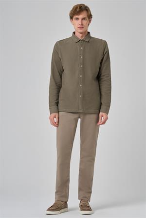 Morven Erkek Haki Pamuk Trend Ağaç Kabuğu Desen Dinamik Fit İtalyan Yaka Gömlek