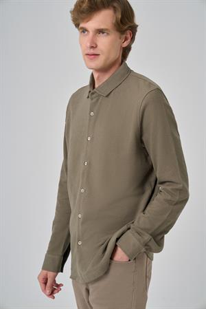 Morven Erkek Haki Pamuk Trend Ağaç Kabuğu Desen Dinamik Fit İtalyan Yaka Gömlek