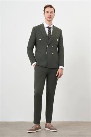 Morven Erkek Haki Polyamide Trend Kruvaze Slim Fit Sivri Yaka Takım Elbise