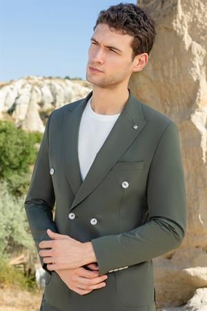 Morven Erkek Haki Polyamide Trend Kruvaze Slim Fit Sivri Yaka Takım Elbise