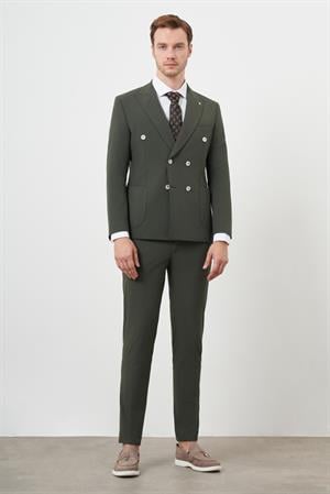 Morven Erkek Haki Polyamide Trend Kruvaze Slim Fit Sivri Yaka Takım Elbise
